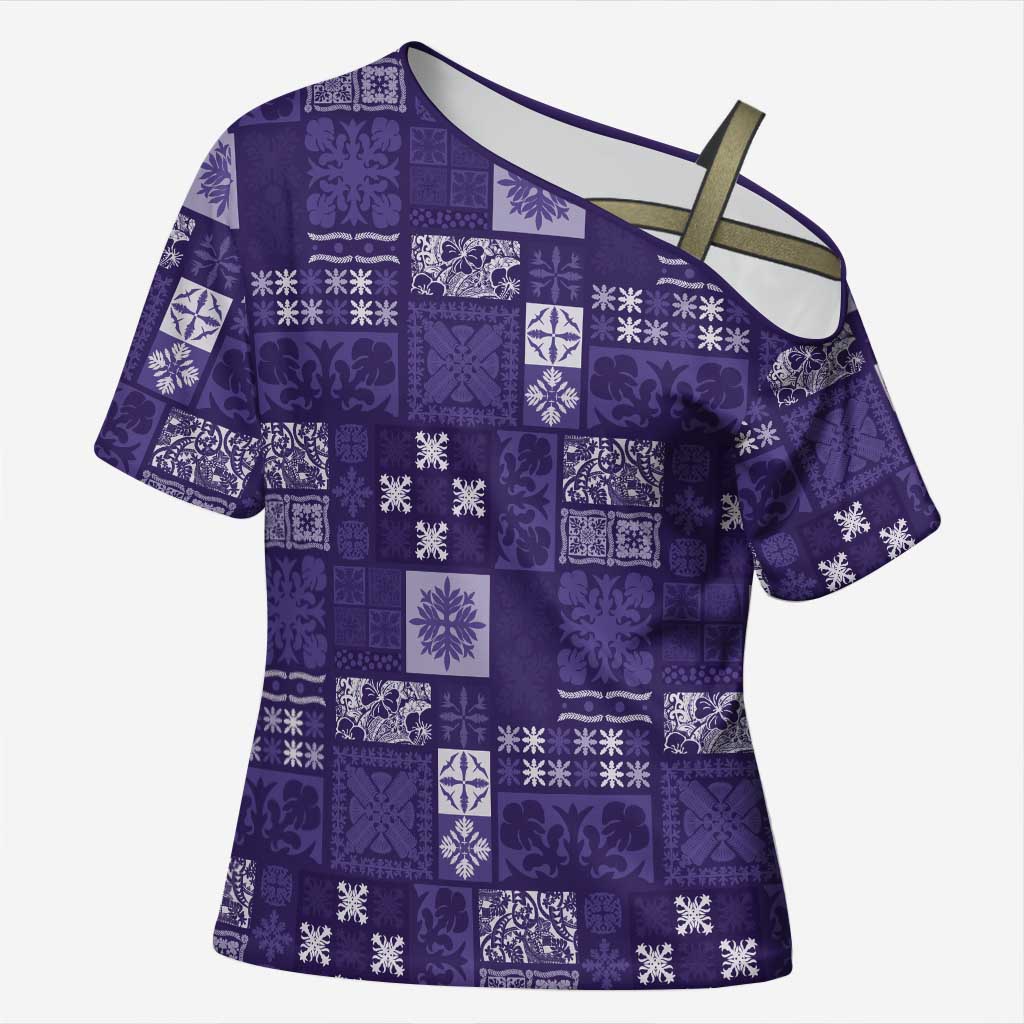 Vintage Hawaiian Quilting Patterns Cross Shoulder Shirt Purple Style Tribal Fabric Patchwork LT9 Female Purple - Polynesian Pride