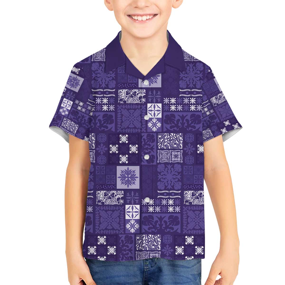 Vintage Hawaiian Quilting Patterns Family Matching Off The Shoulder Long Sleeve Dress and Hawaiian Shirt Purple Style Tribal Fabric Patchwork - Polynesian Pride