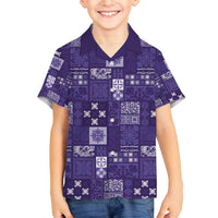 Vintage Hawaiian Quilting Patterns Family Matching Off The Shoulder Long Sleeve Dress and Hawaiian Shirt Purple Style Tribal Fabric Patchwork - Polynesian Pride