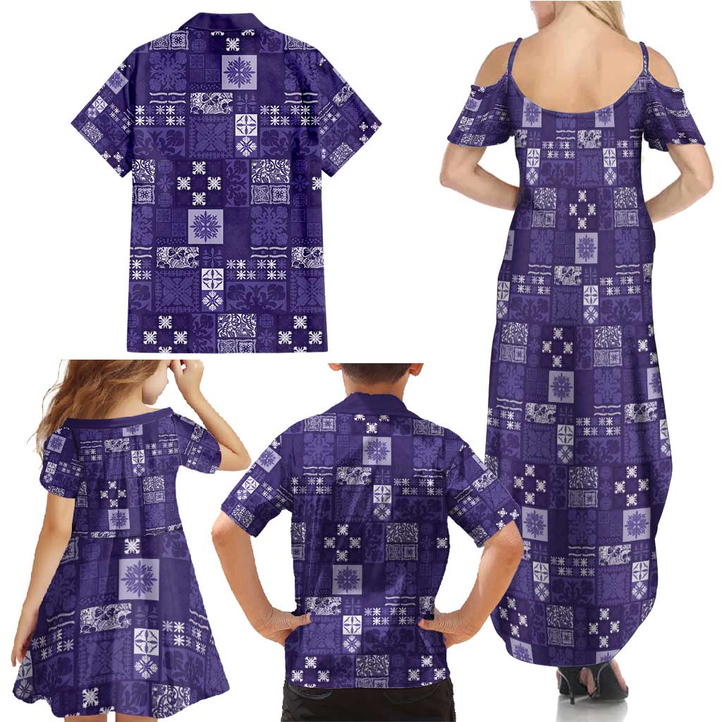Vintage Hawaiian Quilting Patterns Family Matching Summer Maxi Dress and Hawaiian Shirt Purple Style Tribal Fabric Patchwork - Polynesian Pride