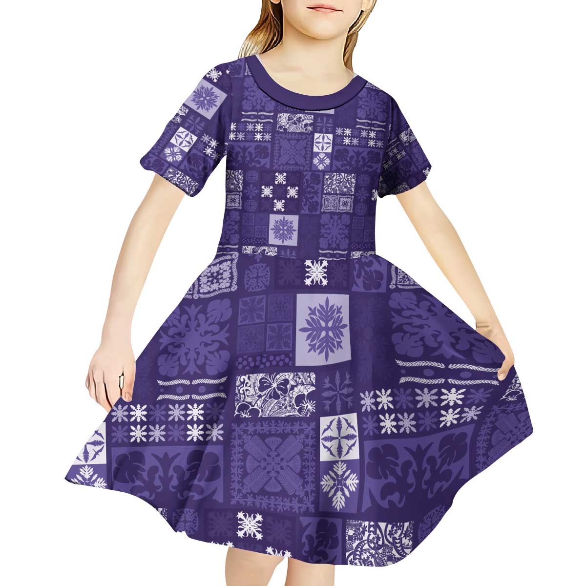 Vintage Hawaiian Quilting Patterns Kid Short Sleeve Dress Purple Style Tribal Fabric Patchwork - Polynesian Pride