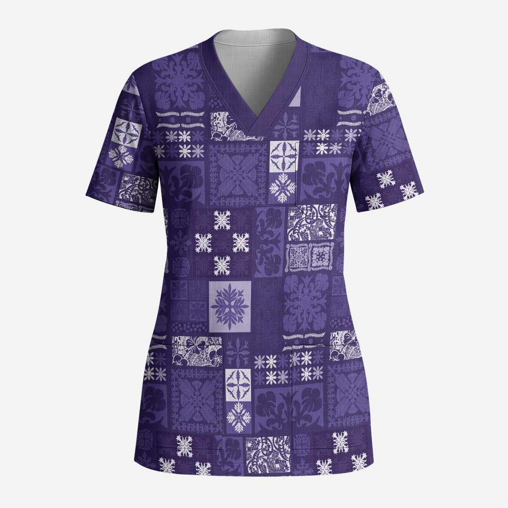 Vintage Hawaiian Quilting Patterns Scrub Top Purple Style Tribal Fabric Patchwork LT9 Adult Purple - Polynesian Pride