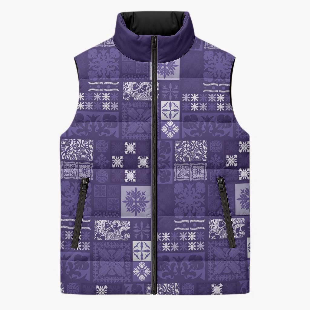 Vintage Hawaiian Quilting Patterns Sleeveless Puffer Jacket Purple Style Tribal Fabric Patchwork LT9 Unisex Purple - Polynesian Pride