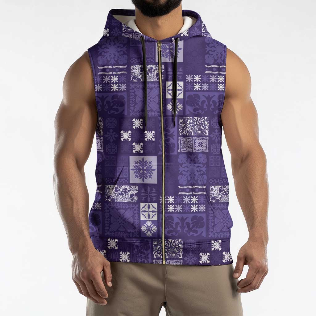 Vintage Hawaiian Quilting Patterns Sleeveless Zip Hoodie Purple Style Tribal Fabric Patchwork - Polynesian Pride