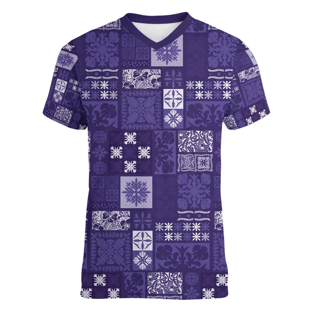 Vintage Hawaiian Quilting Patterns Women V-Neck T-Shirt Purple Style Tribal Fabric Patchwork - Polynesian Pride