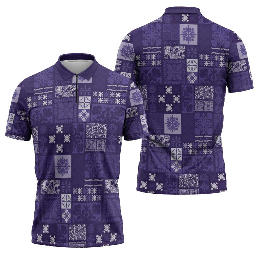 Vintage Hawaiian Quilting Patterns Zipper Polo Shirt Purple Style Tribal Fabric Patchwork - Polynesian Pride
