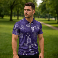 Vintage Hawaiian Quilting Patterns Zipper Polo Shirt Purple Style Tribal Fabric Patchwork - Polynesian Pride