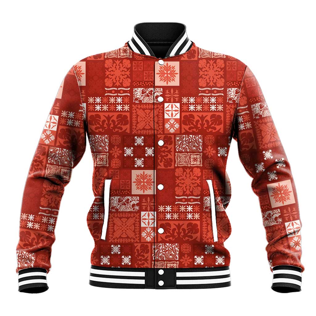 Vintage Hawaiian Quilting Patterns Baseball Jacket Red Style Tribal Fabric Patchwork LT9 Unisex Red - Polynesian Pride