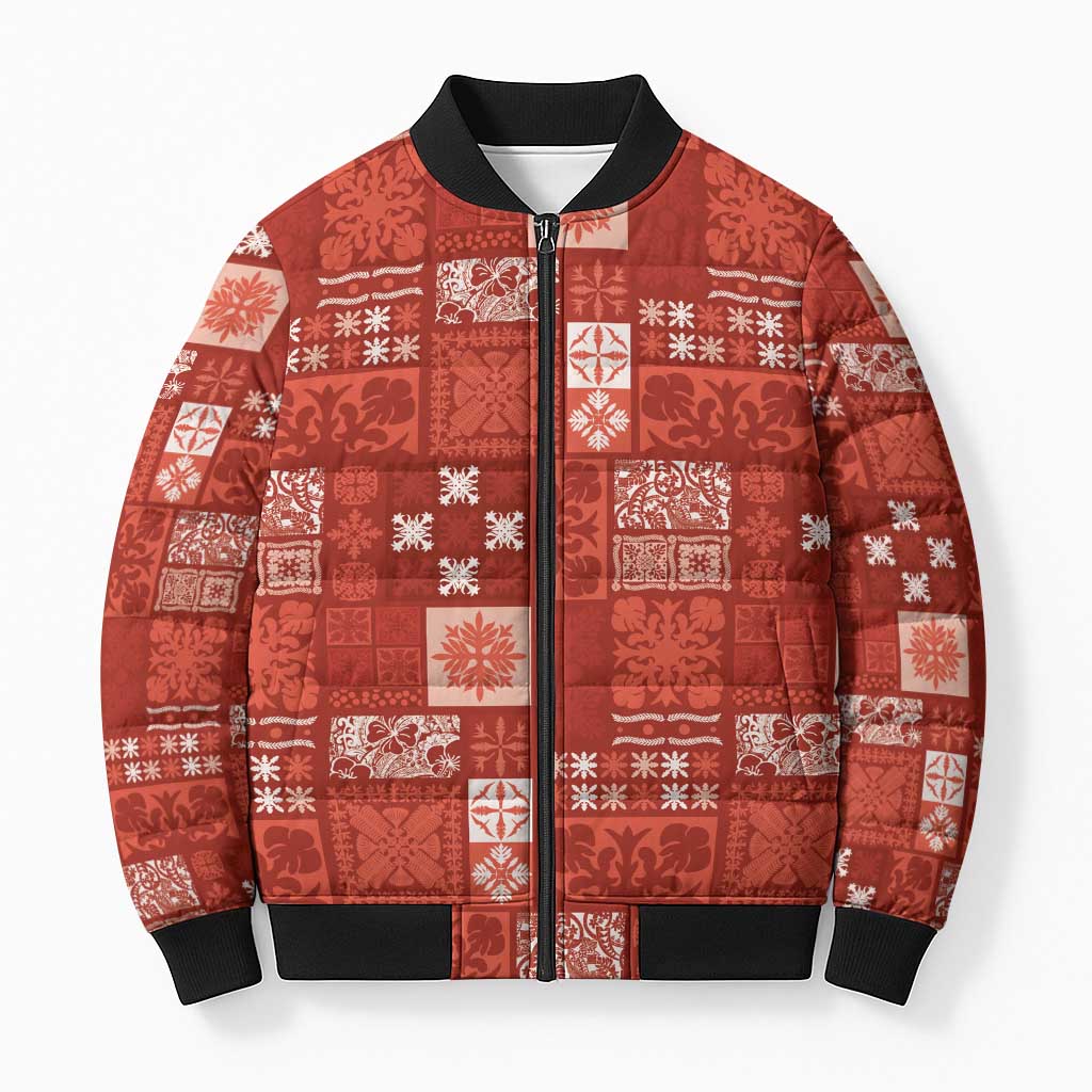 Vintage Hawaiian Quilting Patterns Bomber Puffer Jacket Red Style Tribal Fabric Patchwork LT9 Unisex Red - Polynesian Pride