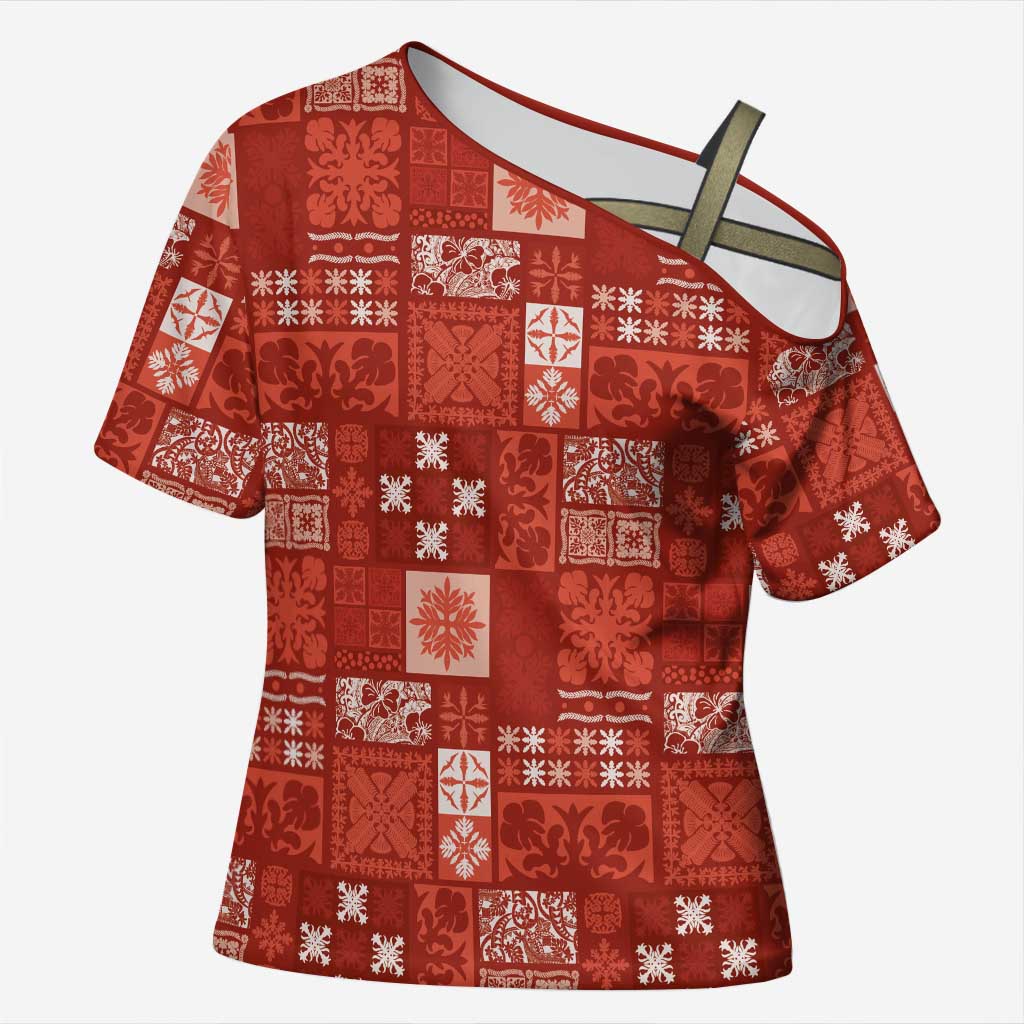 Vintage Hawaiian Quilting Patterns Cross Shoulder Shirt Red Style Tribal Fabric Patchwork LT9 Female Red - Polynesian Pride