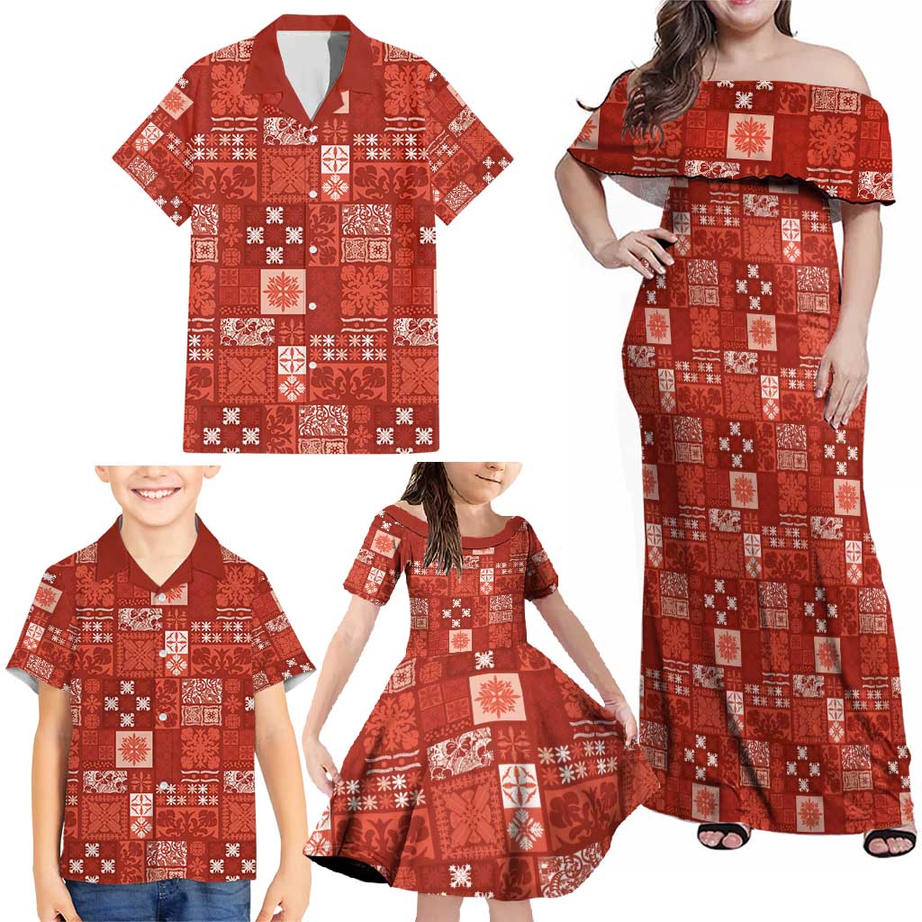 Vintage Hawaiian Quilting Patterns Family Matching Off Shoulder Maxi Dress and Hawaiian Shirt Red Style Tribal Fabric Patchwork - Polynesian Pride
