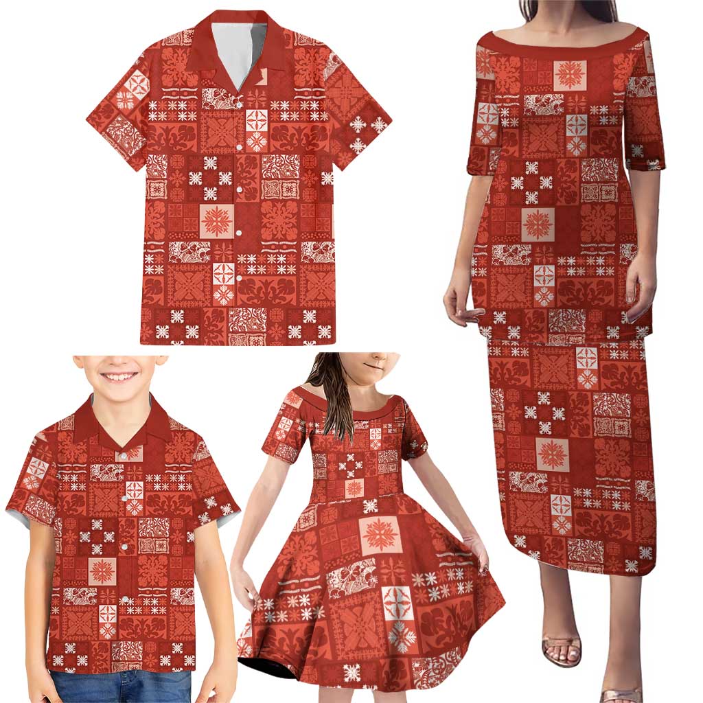 Vintage Hawaiian Quilting Patterns Family Matching Puletasi and Hawaiian Shirt Red Style Tribal Fabric Patchwork LT9 - Polynesian Pride