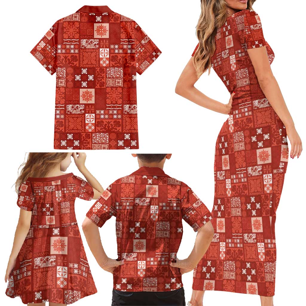 Vintage Hawaiian Quilting Patterns Family Matching Short Sleeve Bodycon Dress and Hawaiian Shirt Red Style Tribal Fabric Patchwork - Polynesian Pride