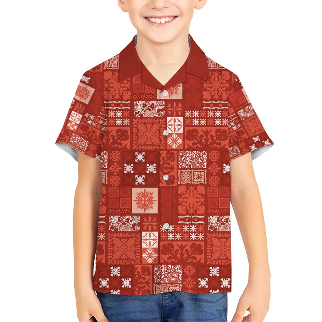 Vintage Hawaiian Quilting Patterns Family Matching Short Sleeve Bodycon Dress and Hawaiian Shirt Red Style Tribal Fabric Patchwork - Polynesian Pride