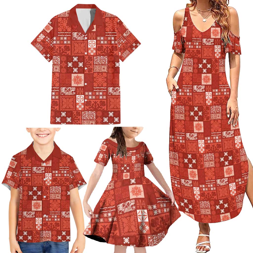Vintage Hawaiian Quilting Patterns Family Matching Summer Maxi Dress and Hawaiian Shirt Red Style Tribal Fabric Patchwork - Polynesian Pride