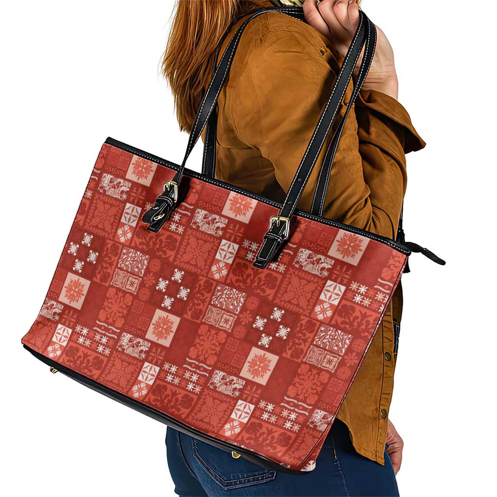 Vintage Hawaiian Quilting Patterns Leather Tote Bag Red Style Tribal Fabric Patchwork - Polynesian Pride