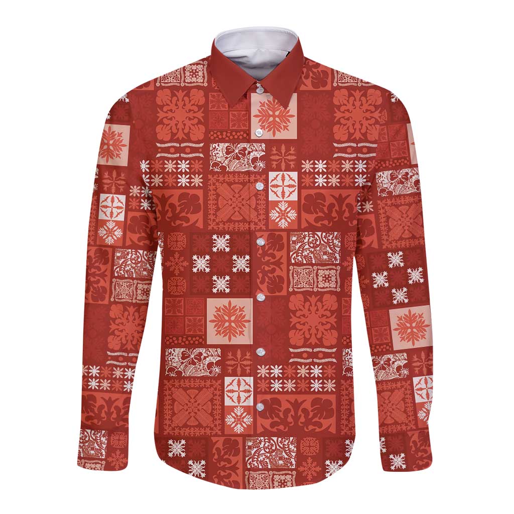 Vintage Hawaiian Quilting Patterns Long Sleeve Button Shirt Red Style Tribal Fabric Patchwork LT9 Unisex Red - Polynesian Pride