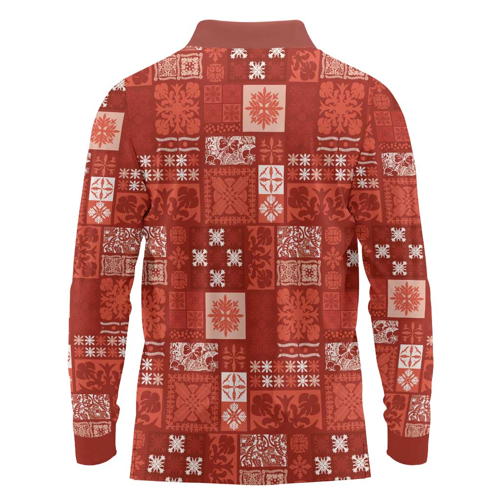 Vintage Hawaiian Quilting Patterns Long Sleeve Polo Shirt Red Style Tribal Fabric Patchwork - Polynesian Pride