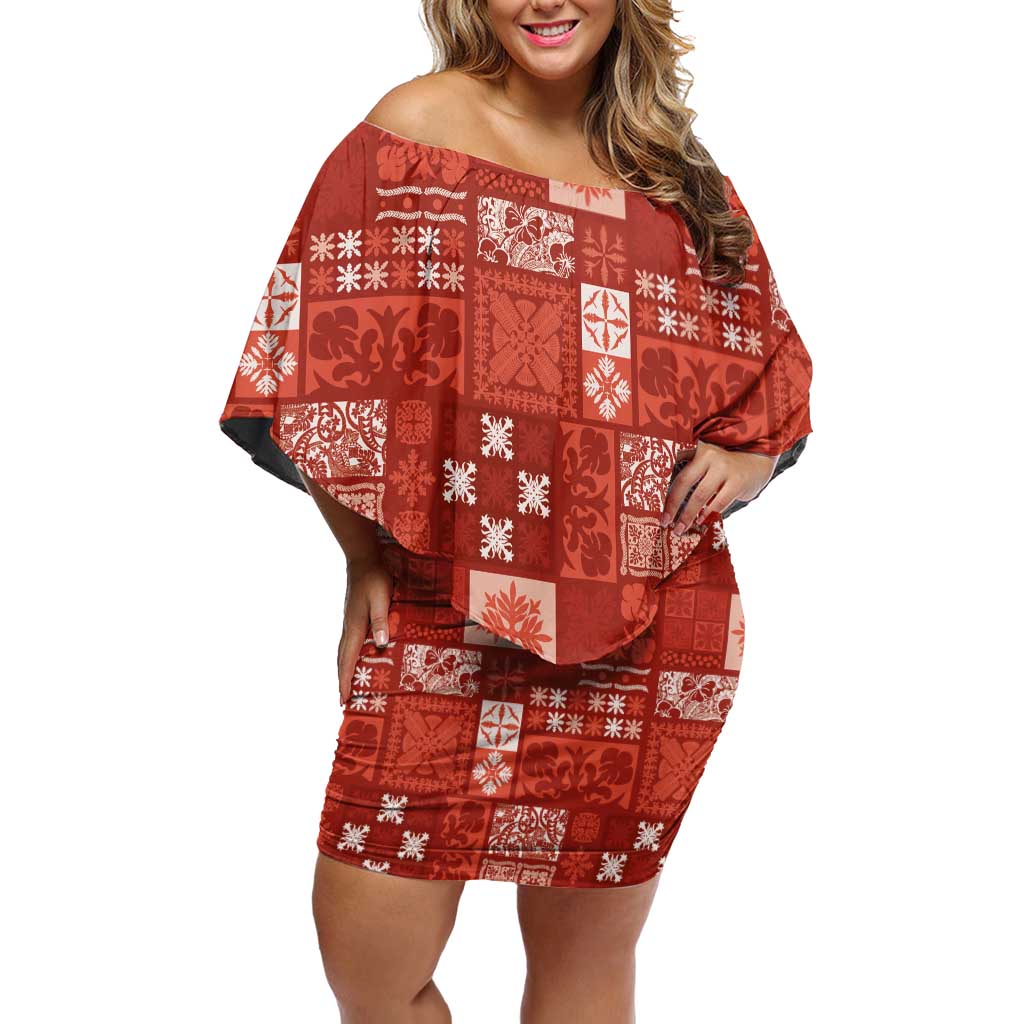 Vintage Hawaiian Quilting Patterns Off Shoulder Short Dress Red Style Tribal Fabric Patchwork - Polynesian Pride