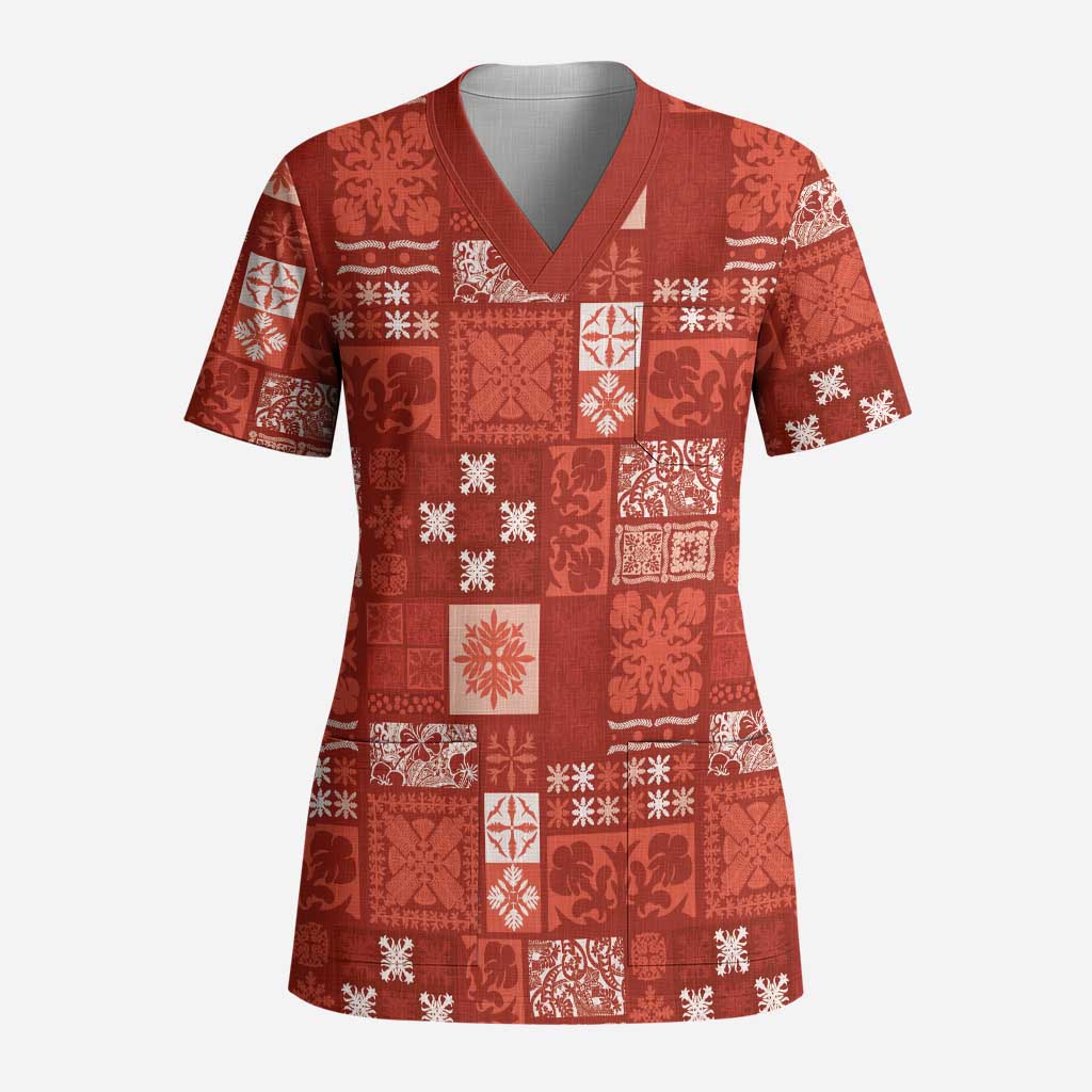 Vintage Hawaiian Quilting Patterns Scrub Top Red Style Tribal Fabric Patchwork LT9 Adult Red - Polynesian Pride