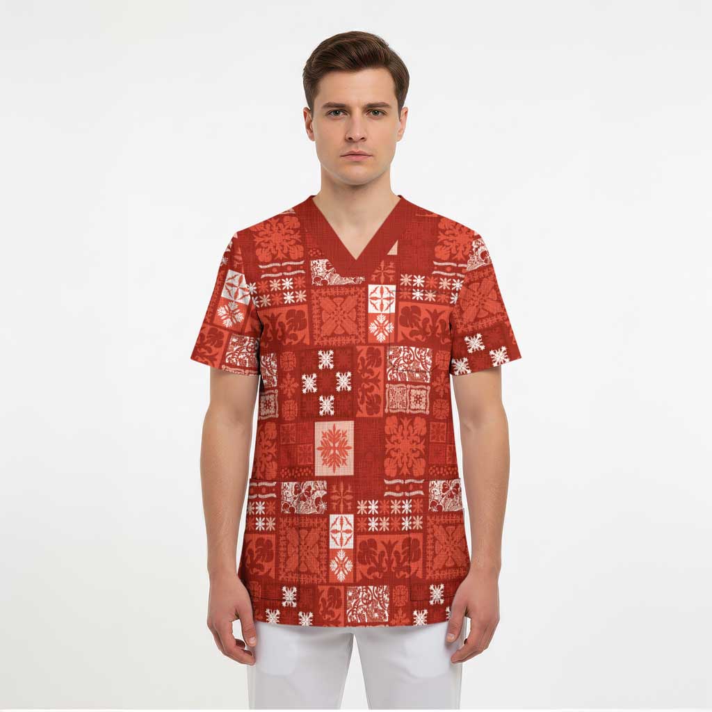 Vintage Hawaiian Quilting Patterns Scrub Top Red Style Tribal Fabric Patchwork - Polynesian Pride