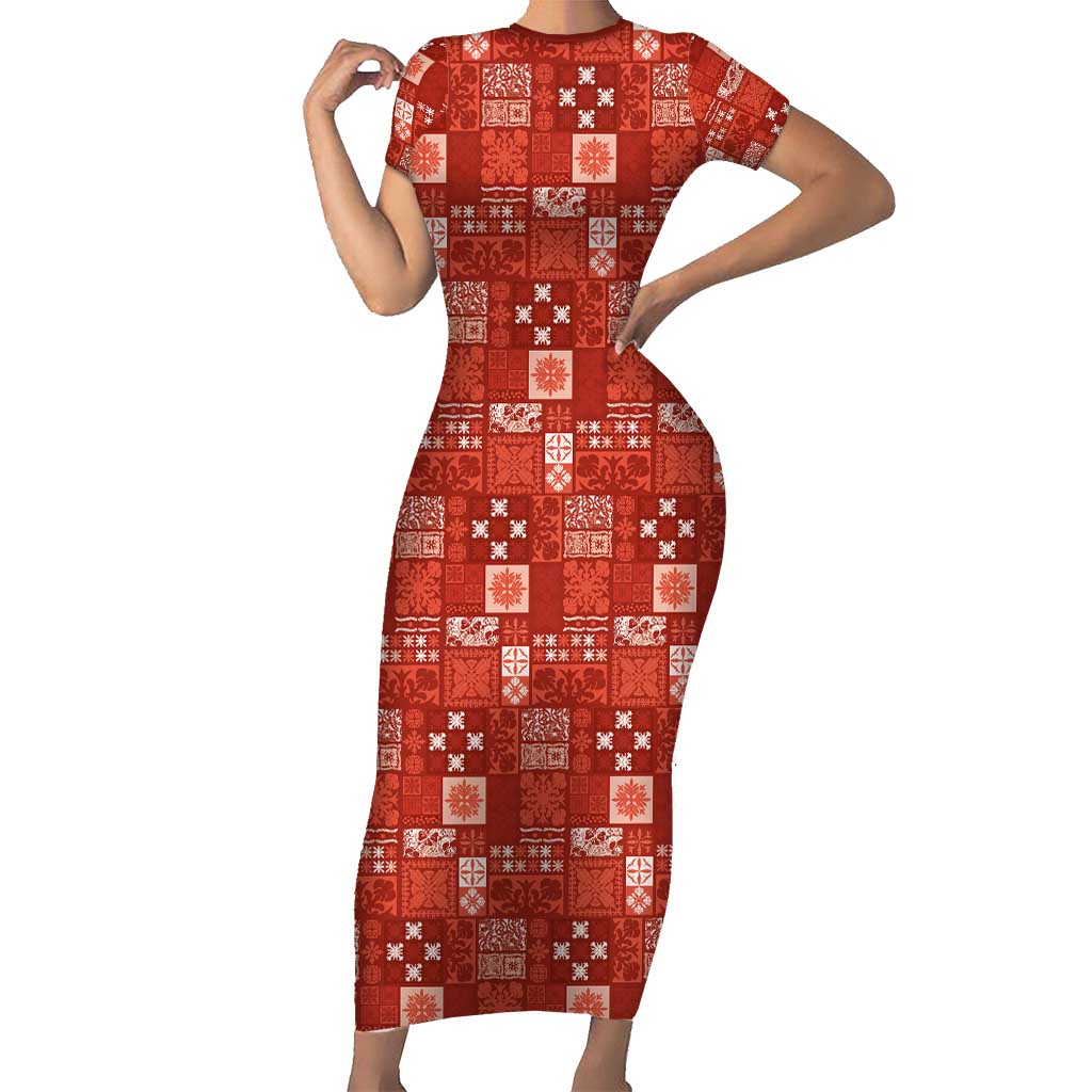 Vintage Hawaiian Quilting Patterns Short Sleeve Bodycon Dress Red Style Tribal Fabric Patchwork - Polynesian Pride