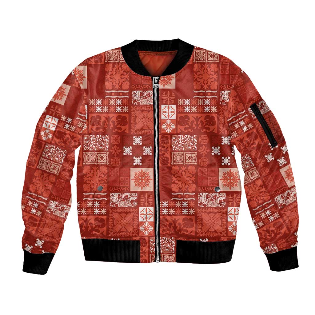 Vintage Hawaiian Quilting Patterns Sleeve Zip Bomber Jacket Red Style Tribal Fabric Patchwork LT9 Unisex Red - Polynesian Pride