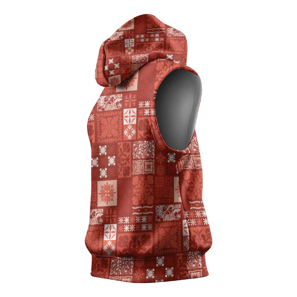 Vintage Hawaiian Quilting Patterns Sleeveless Hoodie Red Style Tribal Fabric Patchwork - Polynesian Pride