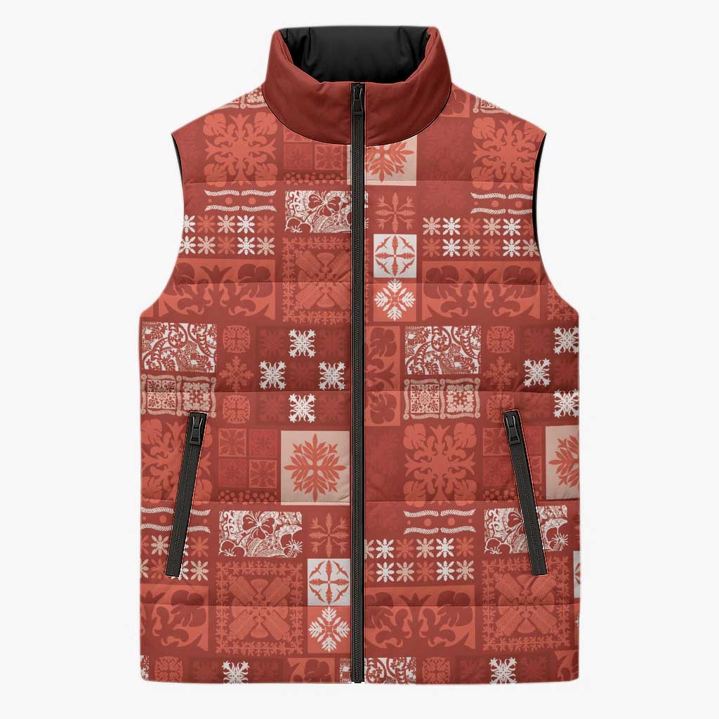 Vintage Hawaiian Quilting Patterns Sleeveless Puffer Jacket Red Style Tribal Fabric Patchwork LT9 Unisex Red - Polynesian Pride