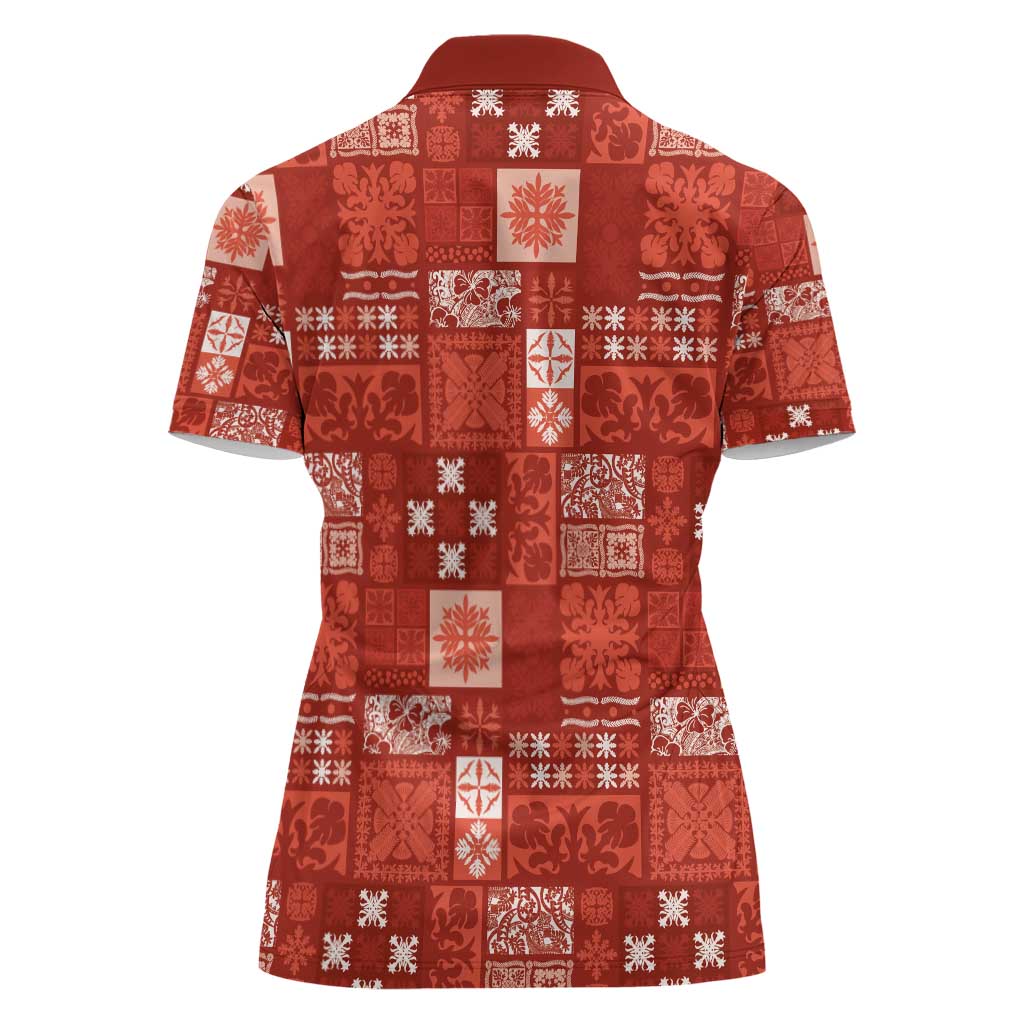 Vintage Hawaiian Quilting Patterns Women Polo Shirt Red Style Tribal Fabric Patchwork - Polynesian Pride