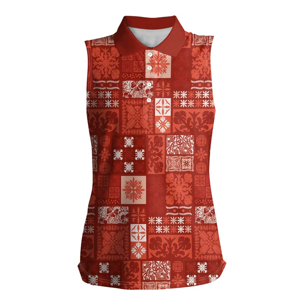 Vintage Hawaiian Quilting Patterns Women Sleeveless Polo Shirt Red Style Tribal Fabric Patchwork - Polynesian Pride