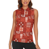 Vintage Hawaiian Quilting Patterns Women Sleeveless Polo Shirt Red Style Tribal Fabric Patchwork - Polynesian Pride
