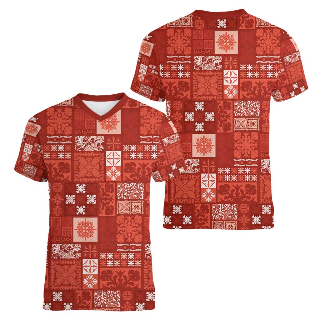 Vintage Hawaiian Quilting Patterns Women V-Neck T-Shirt Red Style Tribal Fabric Patchwork - Polynesian Pride