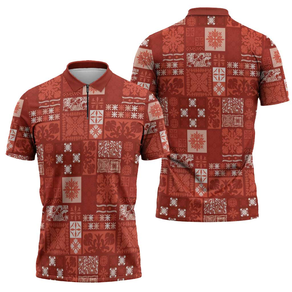 Vintage Hawaiian Quilting Patterns Zipper Polo Shirt Red Style Tribal Fabric Patchwork - Polynesian Pride