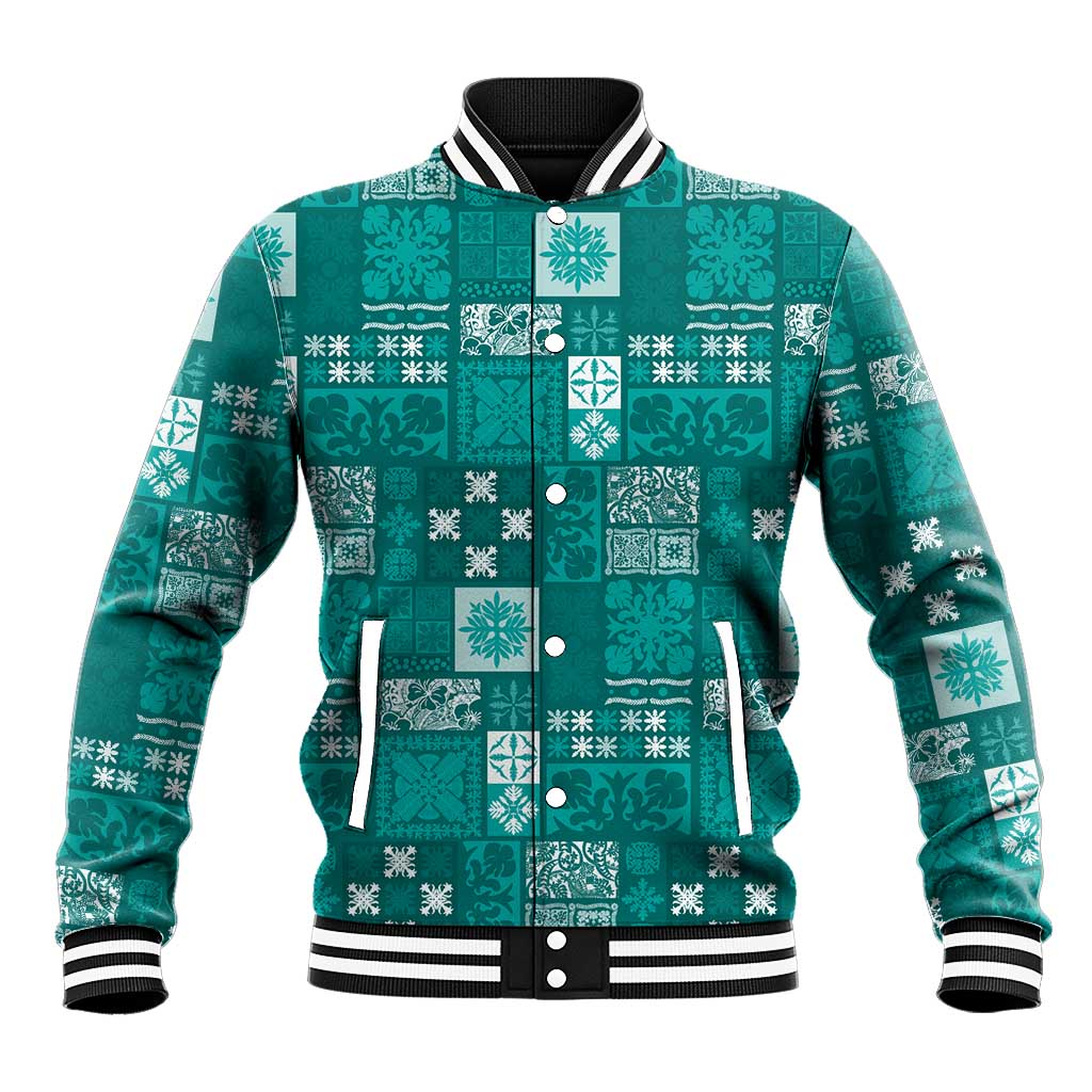 Vintage Hawaiian Quilting Patterns Baseball Jacket Turquoise Style Tribal Fabric Patchwork - Polynesian Pride