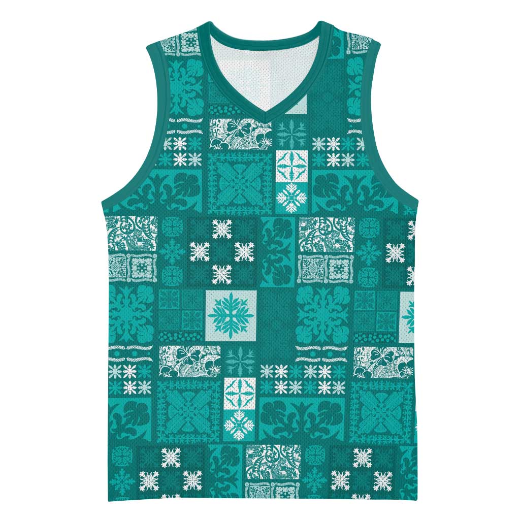 Vintage Hawaiian Quilting Patterns Basketball Jersey Turquoise Style Tribal Fabric Patchwork LT9 Unisex Turquoise - Polynesian Pride