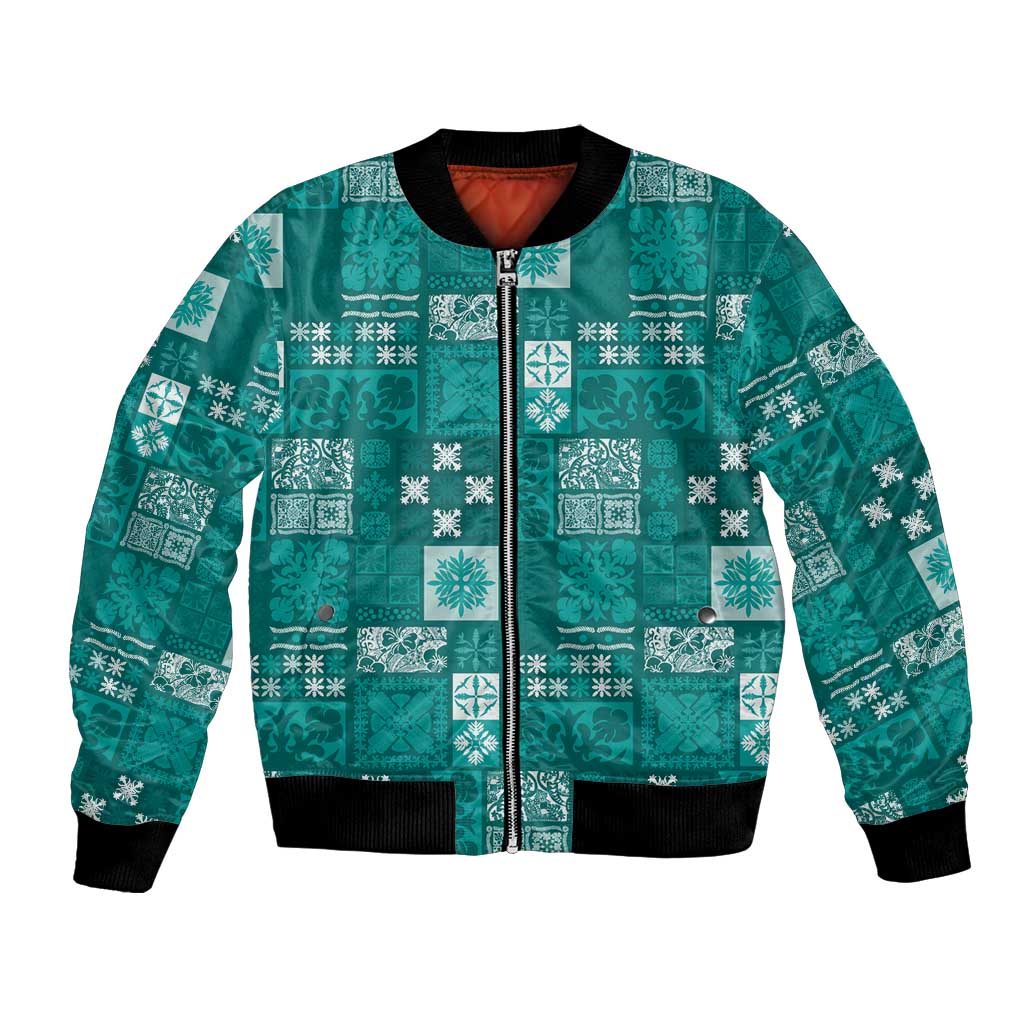 Vintage Hawaiian Quilting Patterns Bomber Jacket Turquoise Style Tribal Fabric Patchwork LT9 Unisex Turquoise - Polynesian Pride
