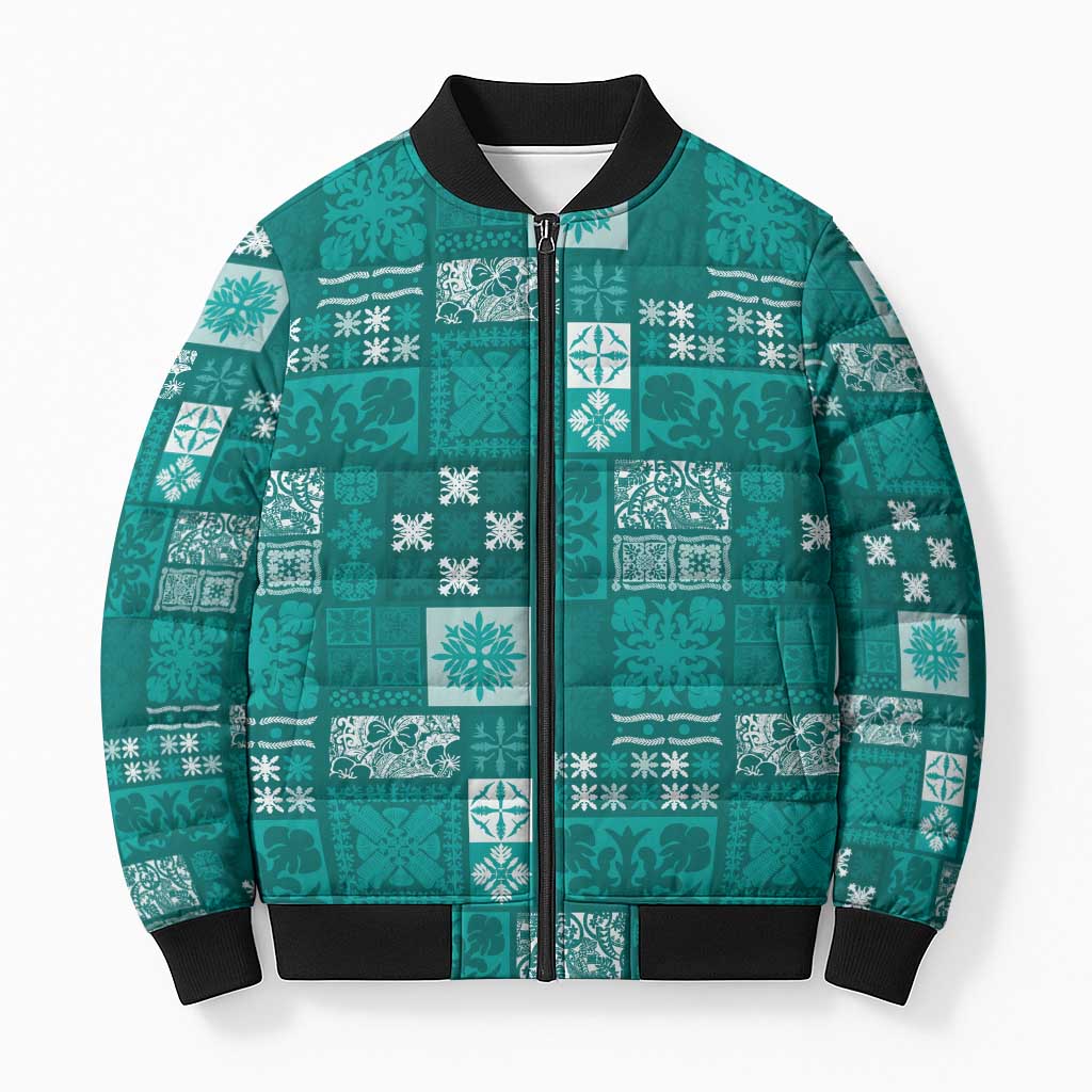Vintage Hawaiian Quilting Patterns Bomber Puffer Jacket Turquoise Style Tribal Fabric Patchwork LT9 Unisex Turquoise - Polynesian Pride