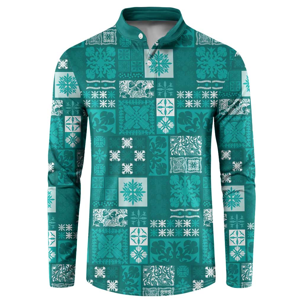 Vintage Hawaiian Quilting Patterns Button Sweatshirt Turquoise Style Tribal Fabric Patchwork LT9 Turquoise - Polynesian Pride