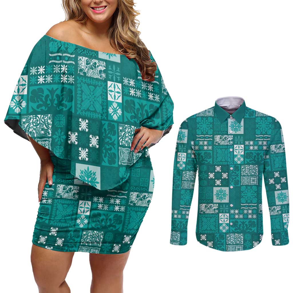 Vintage Hawaiian Quilting Patterns Couples Matching Off Shoulder Short Dress and Long Sleeve Button Shirt Turquoise Style Tribal Fabric Patchwork - Polynesian Pride