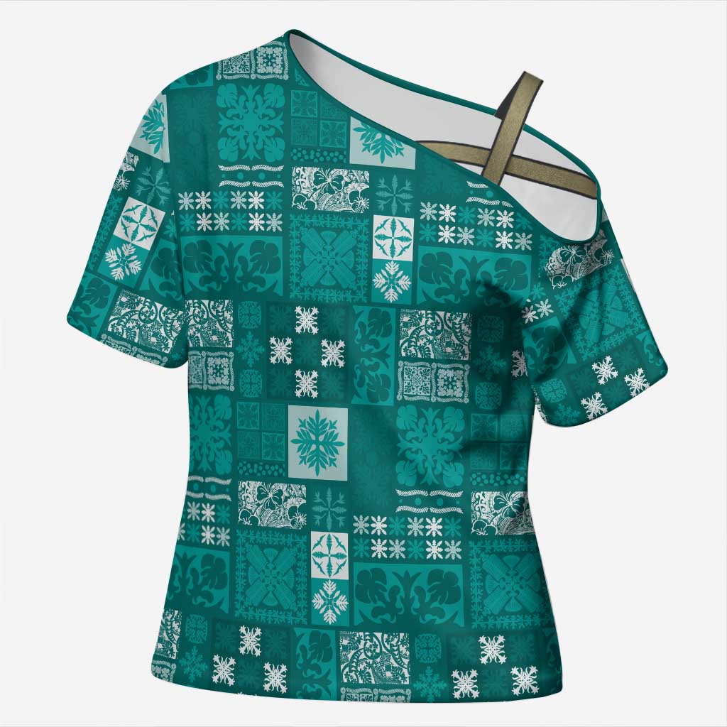 Vintage Hawaiian Quilting Patterns Cross Shoulder Shirt Turquoise Style Tribal Fabric Patchwork LT9 Female Turquoise - Polynesian Pride