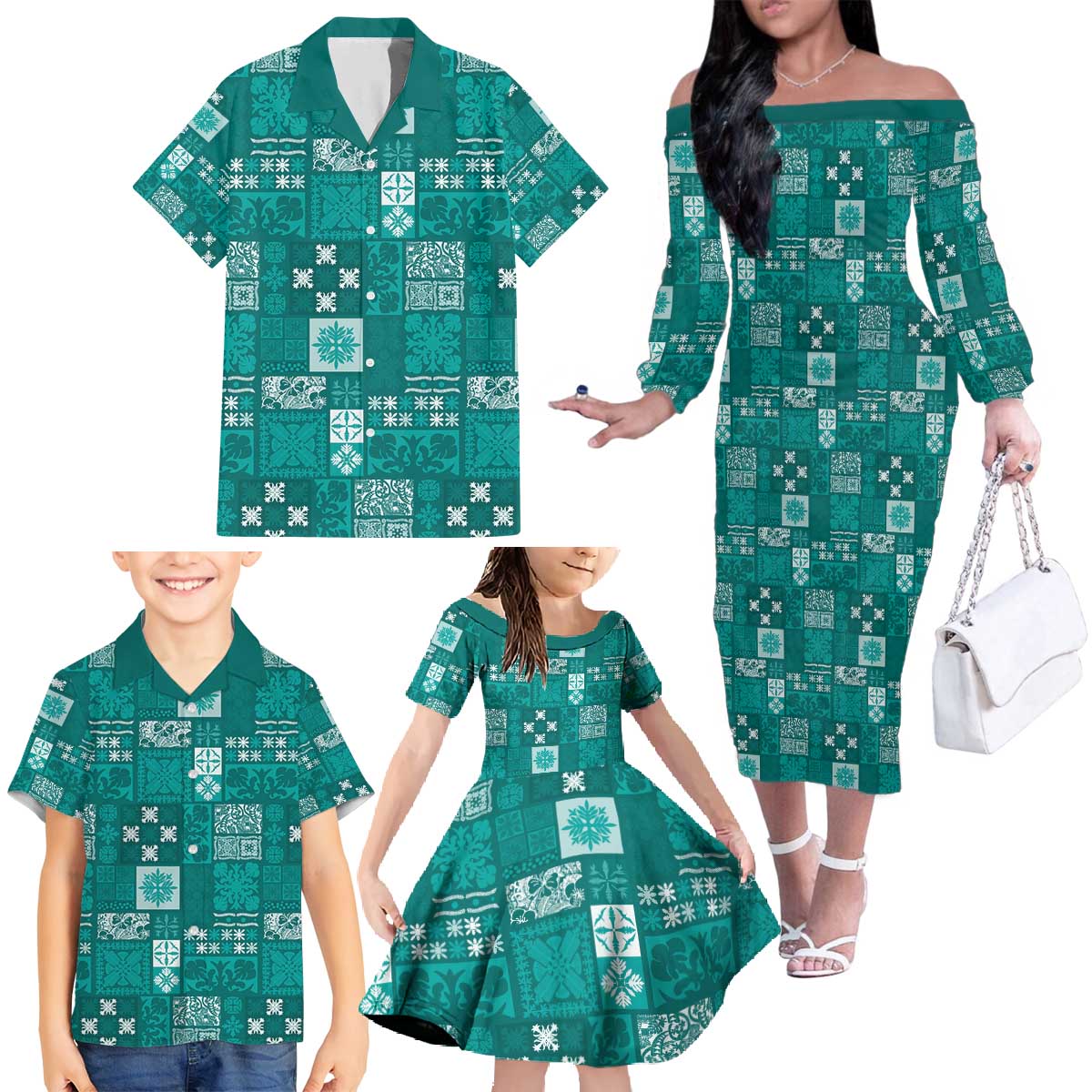 Vintage Hawaiian Quilting Patterns Family Matching Off The Shoulder Long Sleeve Dress and Hawaiian Shirt Turquoise Style Tribal Fabric Patchwork - Polynesian Pride