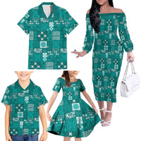 Vintage Hawaiian Quilting Patterns Family Matching Off The Shoulder Long Sleeve Dress and Hawaiian Shirt Turquoise Style Tribal Fabric Patchwork - Polynesian Pride