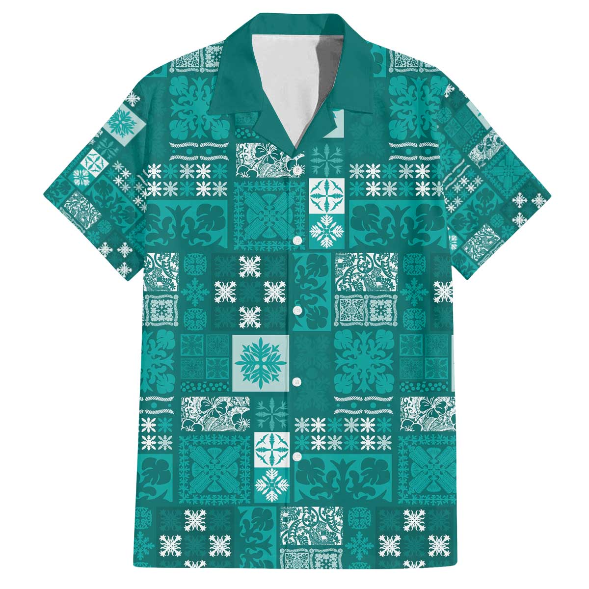 Vintage Hawaiian Quilting Patterns Family Matching Off The Shoulder Long Sleeve Dress and Hawaiian Shirt Turquoise Style Tribal Fabric Patchwork - Polynesian Pride