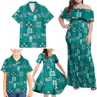 Vintage Hawaiian Quilting Patterns Family Matching Off Shoulder Maxi Dress and Hawaiian Shirt Turquoise Style Tribal Fabric Patchwork - Polynesian Pride
