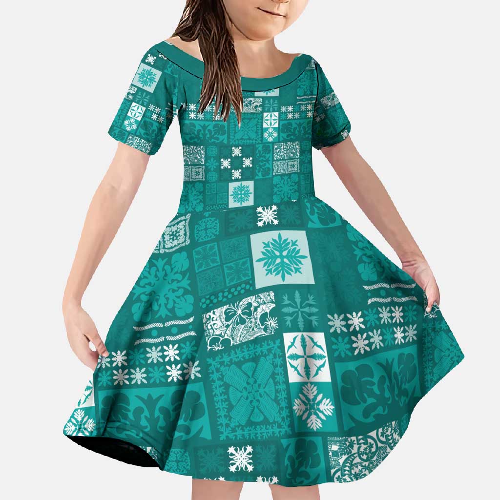 Vintage Hawaiian Quilting Patterns Family Matching Short Sleeve Bodycon Dress and Hawaiian Shirt Turquoise Style Tribal Fabric Patchwork - Polynesian Pride