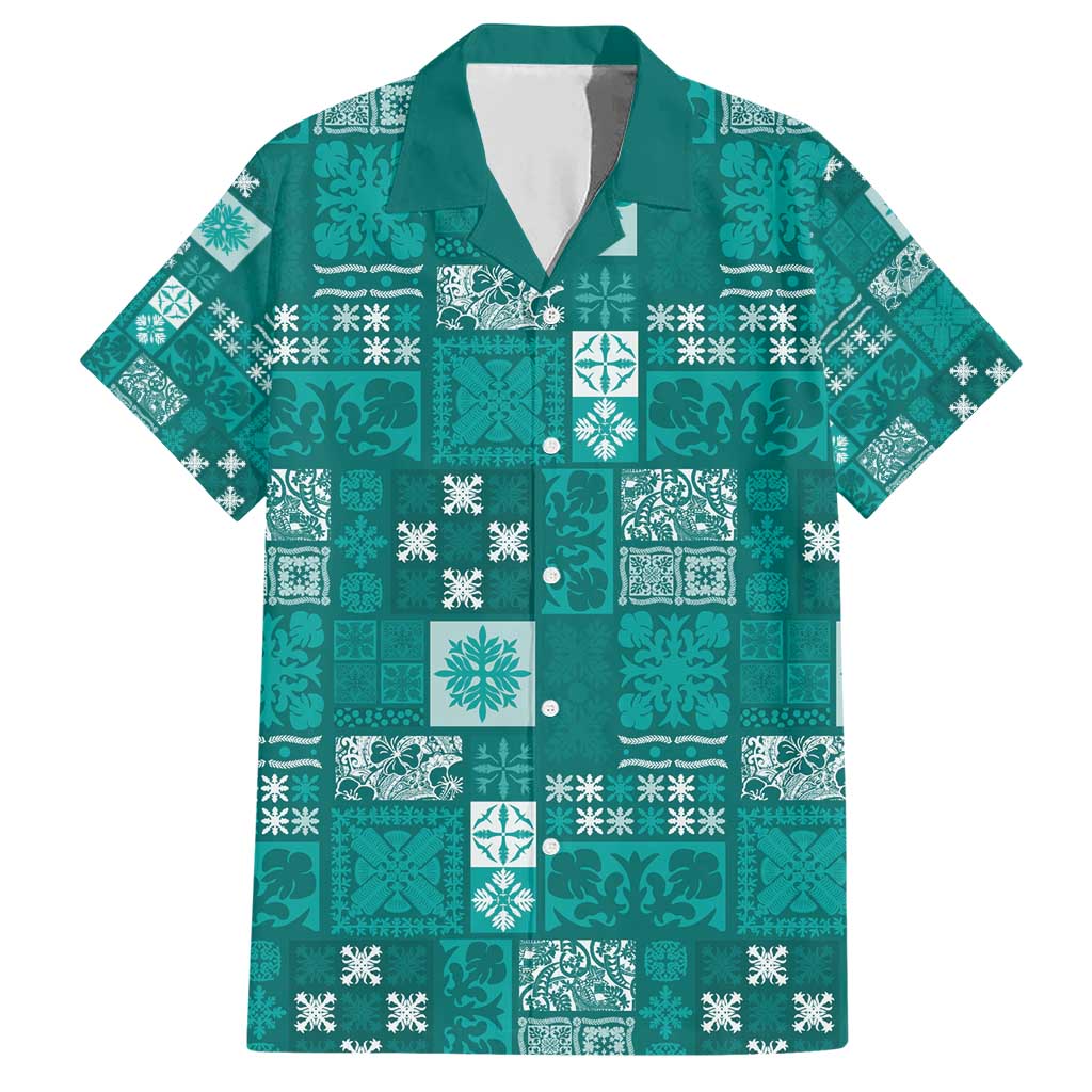 Vintage Hawaiian Quilting Patterns Family Matching Short Sleeve Bodycon Dress and Hawaiian Shirt Turquoise Style Tribal Fabric Patchwork - Polynesian Pride
