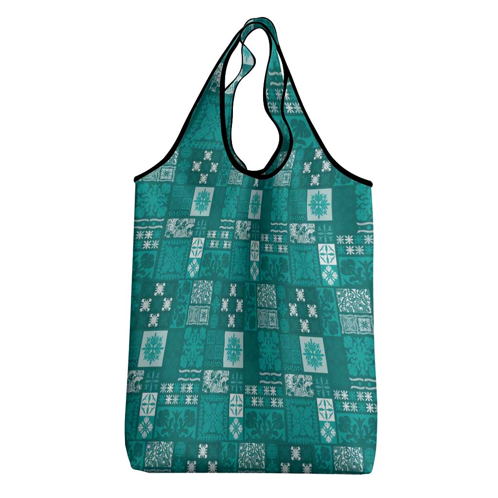 Vintage Hawaiian Quilting Patterns Grocery Bag Turquoise Style Tribal Fabric Patchwork - Polynesian Pride