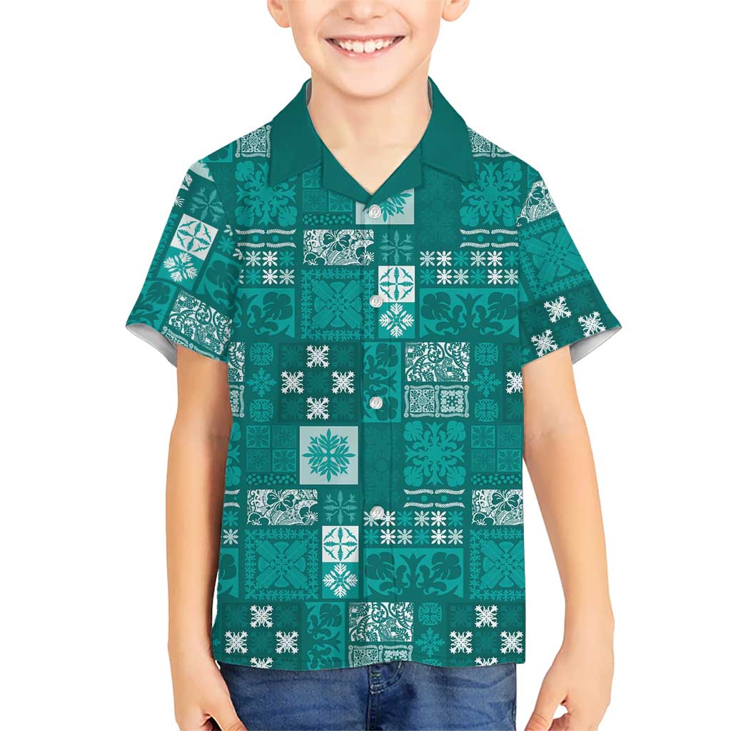 Vintage Hawaiian Quilting Patterns Kid Hawaiian Shirt Turquoise Style Tribal Fabric Patchwork LT9 Kid Turquoise - Polynesian Pride