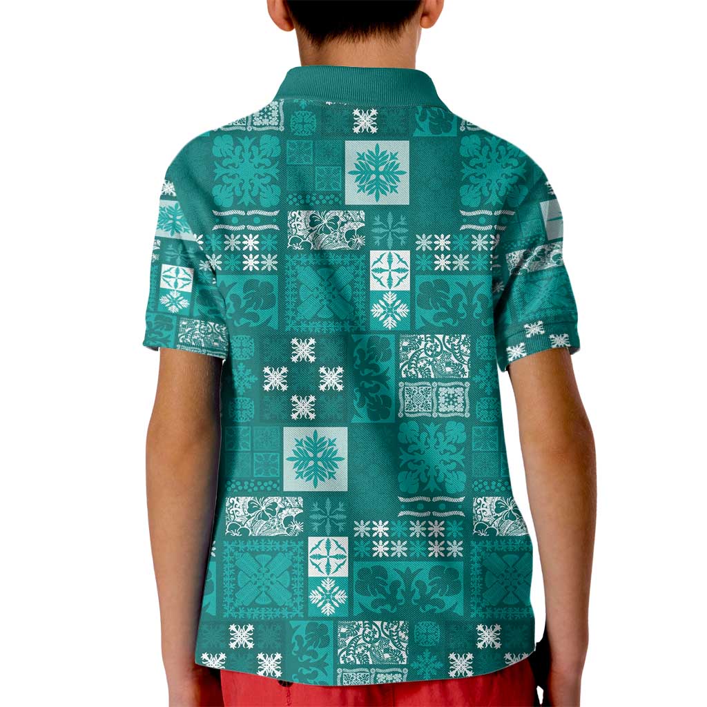 Vintage Hawaiian Quilting Patterns Kid Polo Shirt Turquoise Style Tribal Fabric Patchwork - Polynesian Pride